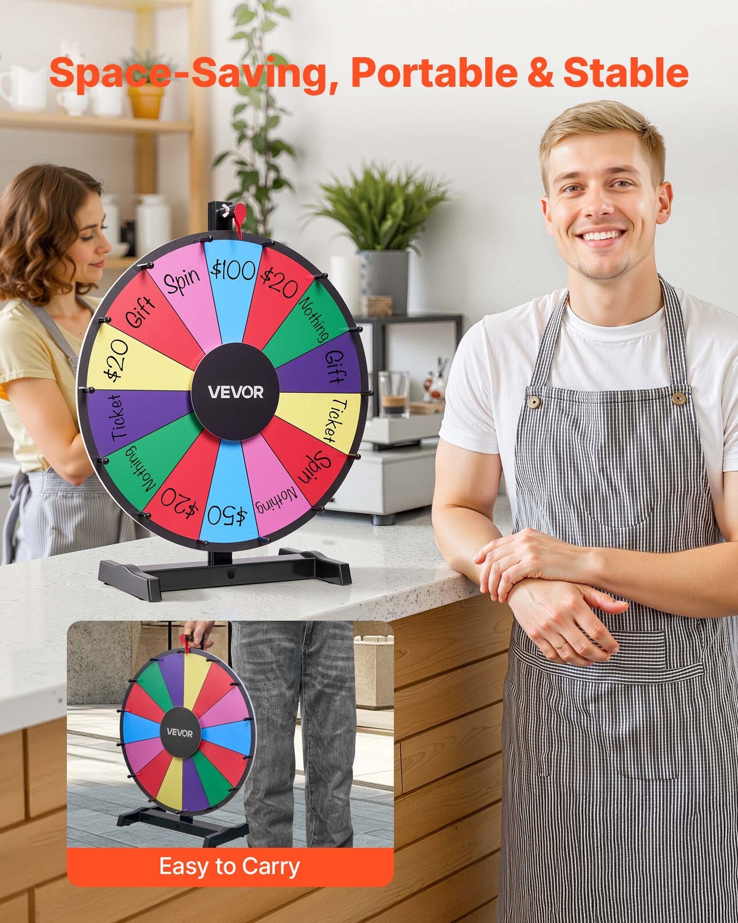 457 mm Spinning Prize Wheel, 14 Slots Spinning Wheel with Stand, Tabletop Win Fortune Roulette with a Dry Erase and 2 Markers, 6 Colors, Easy Assembly, for Party Pub Trade Show Carnival Events