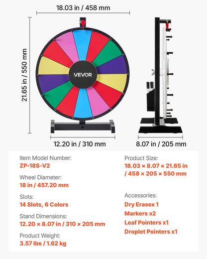 457 mm Spinning Prize Wheel, 14 Slots Spinning Wheel with Stand, Tabletop Win Fortune Roulette with a Dry Erase and 2 Markers, 6 Colors, Easy Assembly, for Party Pub Trade Show Carnival Events