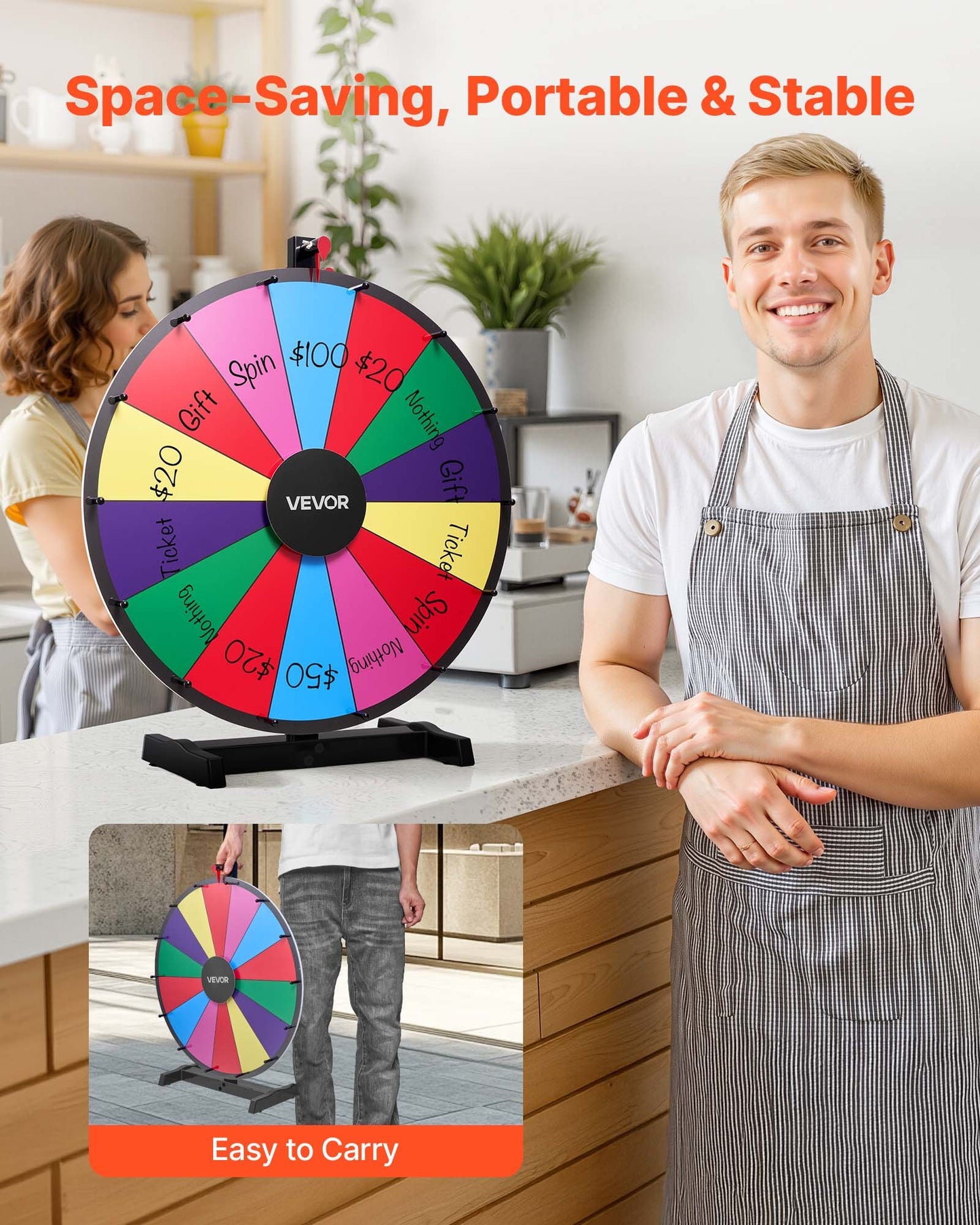 610 mm Spinning Prize Wheel, 14 Slots Spinning Wheel with Stand, Tabletop Win Fortune Roulette with a Dry Erase and 2 Markers, 6 Colors, Easy Assembly, for Party Pub Trade Show Carnival Events
