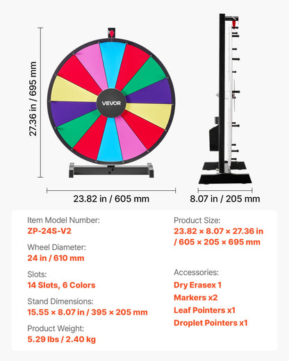 610 mm Spinning Prize Wheel, 14 Slots Spinning Wheel with Stand, Tabletop Win Fortune Roulette with a Dry Erase and 2 Markers, 6 Colors, Easy Assembly, for Party Pub Trade Show Carnival Events
