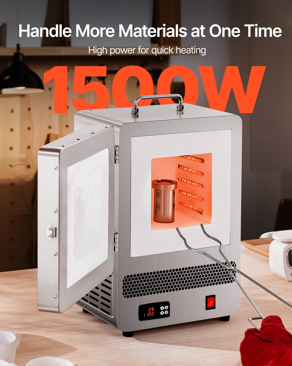 Tabletop Kiln Melter, 1500W Powerful Electric Kiln, 2192℉ / 1200℃ Max Temperature, Stainless Steel, Gold Melting Furnace for Wax Casting, Clay DIY, Metal Tempering, Glazing on Pottery, Silver