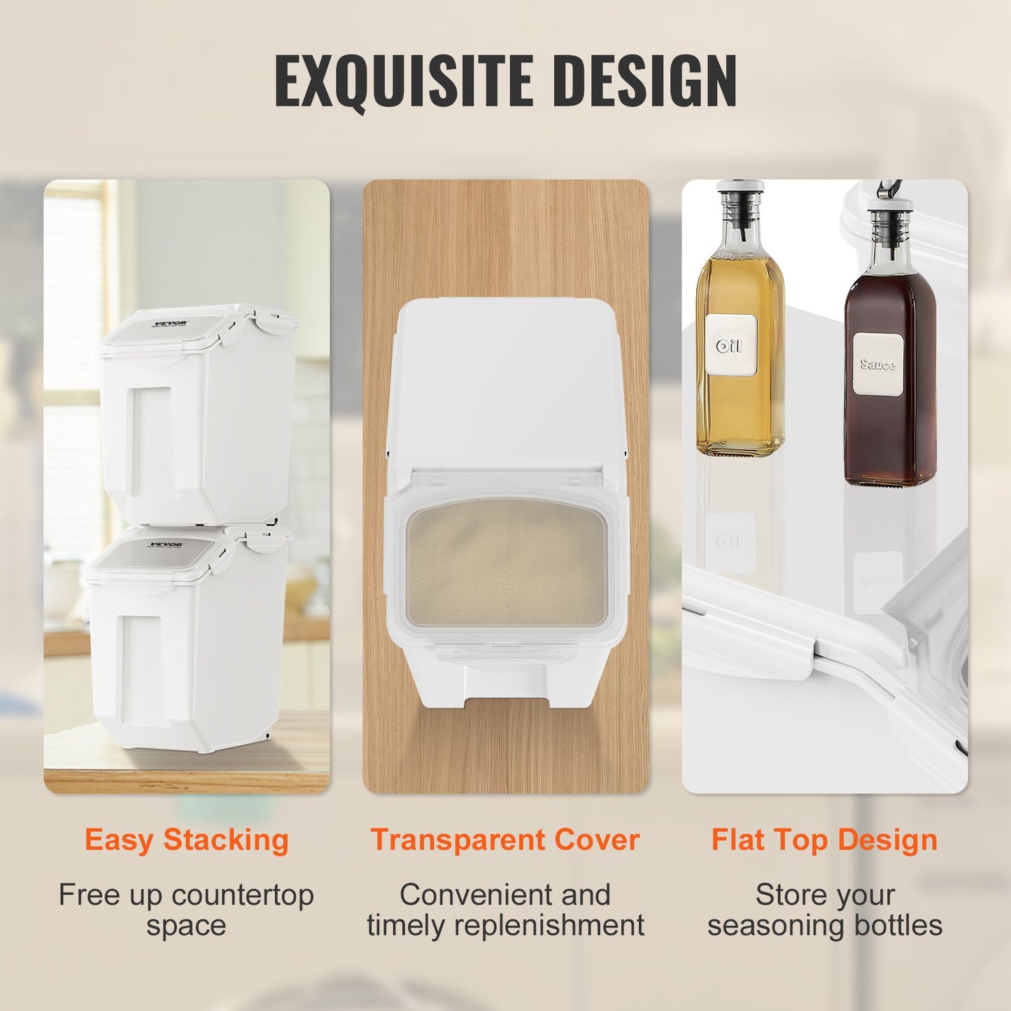 Ingredient Storage Bin, 2 x 15L Dispenser Bin with 2 Measuring Cups, Attachable Casters and Airtight Lid, 2 Pcs/Set Dog Pet Food Storage Container, PP Material Kitchen Rice Cereal Flour Bin