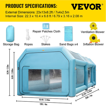 Inflatable Spray Booth Car Paint Tent 7 x 4 x 2.5 m Filter System 2 Blowers