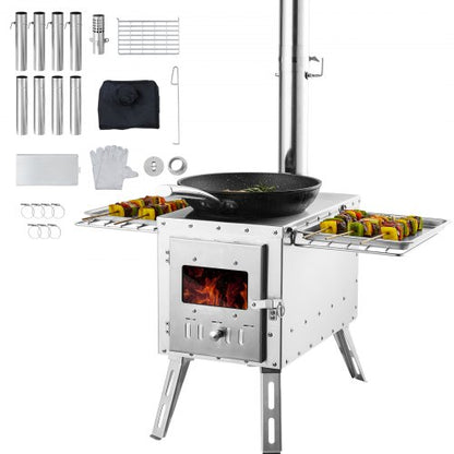 Wood Stove, 218.44 cm, Stainless Steel Camping Tent Stove, Portable Wood Burning Stove with Chimney Pipes & Gloves, 49161.3 cm³ Firebox Hot Tent Stove for Outdoor Cooking and Heating with 8 Pipes