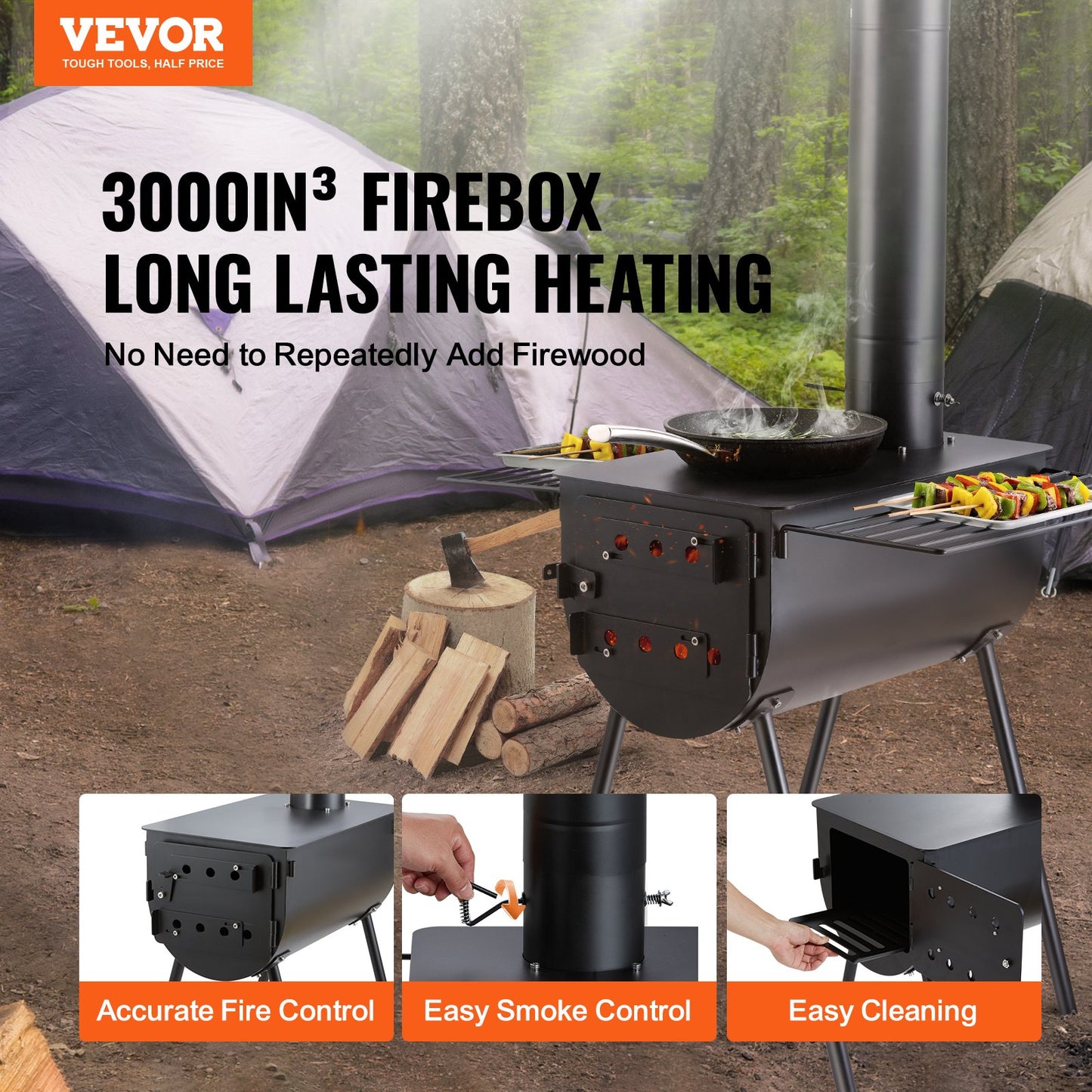 Wood Stove, 3 m, Alloy Steel Camping Tent Stove, Portable Wood Burning Stove with Chimney Pipes & Gloves, 49161 cm³ Firebox Hot Tent Stove for Outdoor Cooking and Heating with 8 Pipes