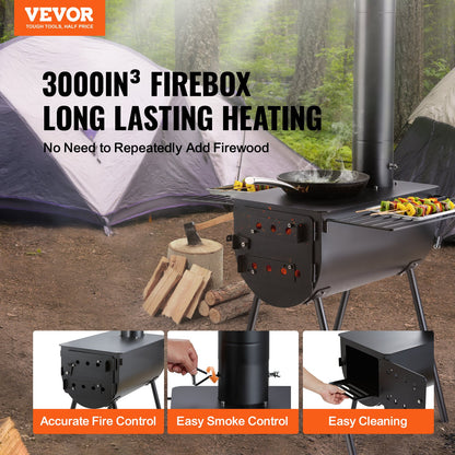 Wood Stove, 3 m, Alloy Steel Camping Tent Stove, Portable Wood Burning Stove with Chimney Pipes & Gloves, 49161 cm³ Firebox Hot Tent Stove for Outdoor Cooking and Heating with 8 Pipes