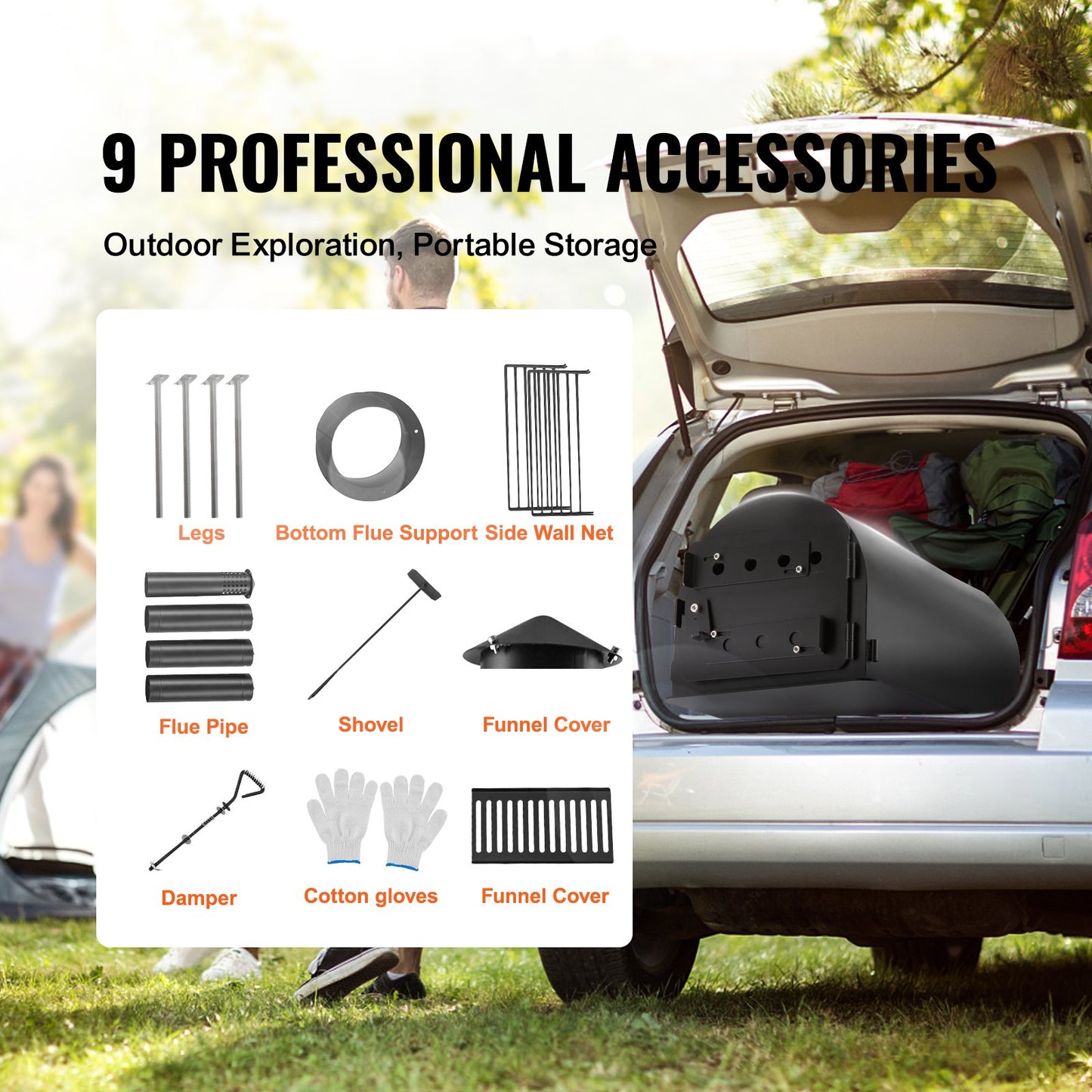 Wood Stove, 3 m, Alloy Steel Camping Tent Stove, Portable Wood Burning Stove with Chimney Pipes & Gloves, 49161 cm³ Firebox Hot Tent Stove for Outdoor Cooking and Heating with 8 Pipes