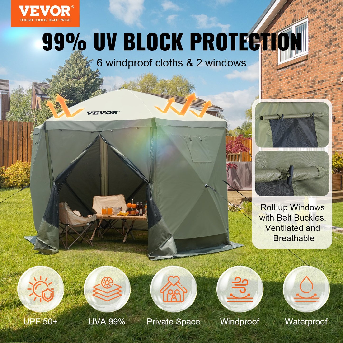 Pop Up Gazebo Tent, Pop-Up Screen Tent 6 Sided Canopy Sun Shelter with 6 Removable Privacy Wind Cloths & Mesh Windows, 10x10FT Quick Set Screen Tent with Mosquito Netting, Army Green