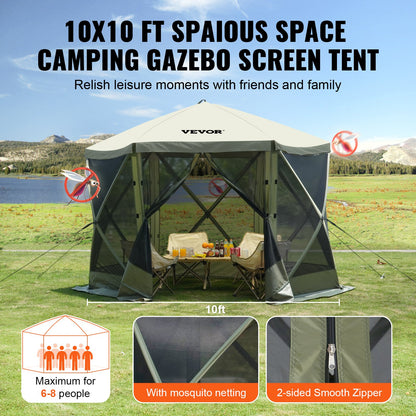 Pop Up Gazebo Tent, Pop-Up Screen Tent 6 Sided Canopy Sun Shelter with 6 Removable Privacy Wind Cloths & Mesh Windows, 10x10FT Quick Set Screen Tent with Mosquito Netting, Army Green