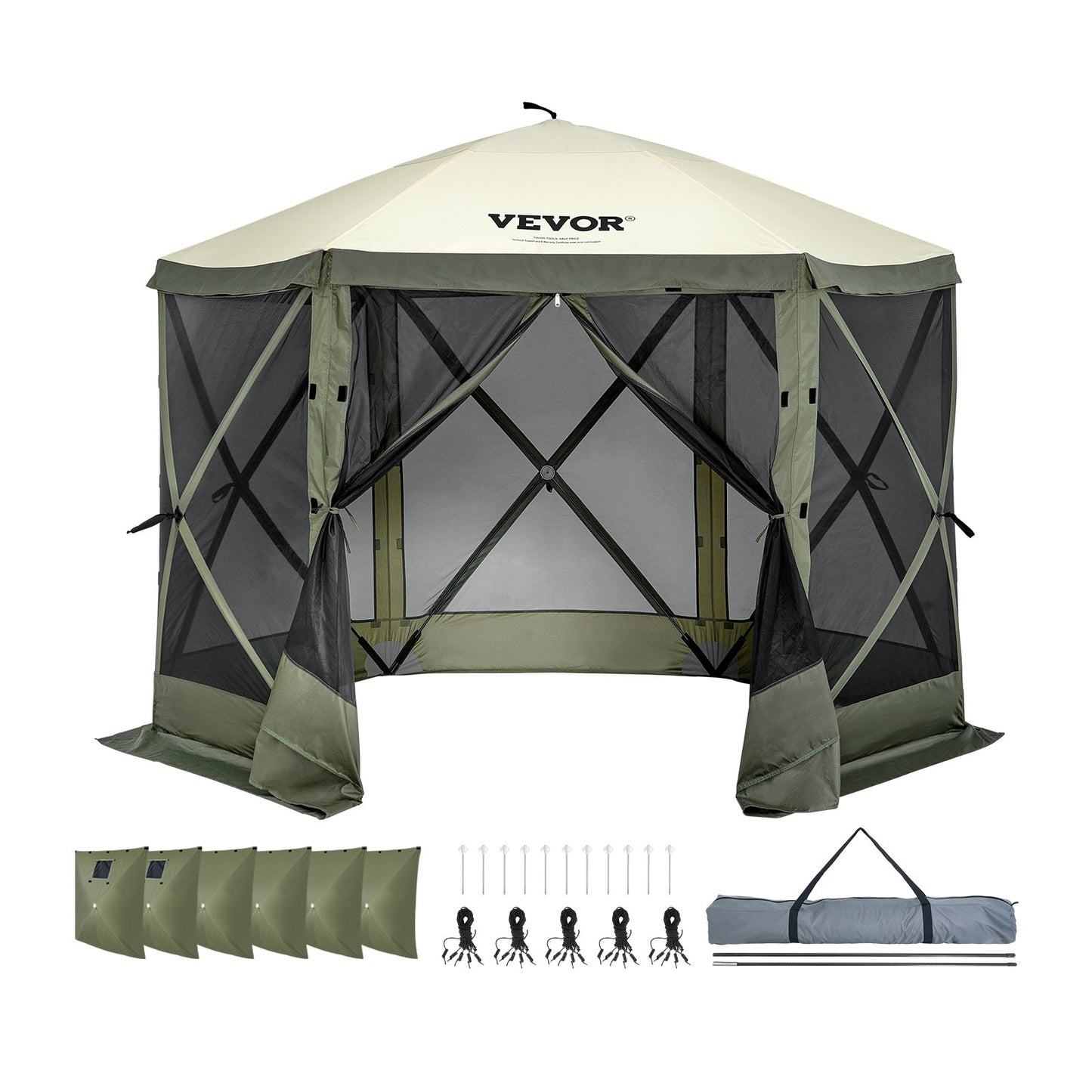 Pop Up Gazebo Tent, Pop-Up Screen Tent 6 Sided Canopy Sun Shelter with 6 Removable Privacy Wind Cloths & Mesh Windows, 10x10FT Quick Set Screen Tent with Mosquito Netting, Army Green