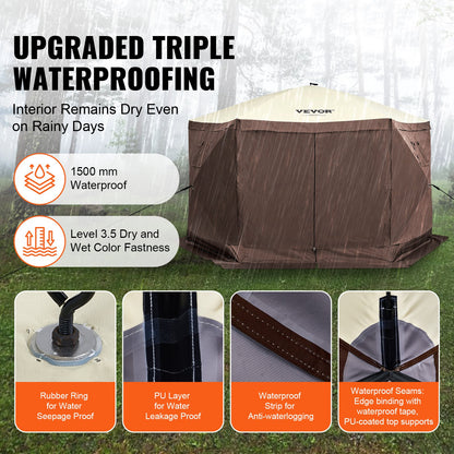 Pop Up Gazebo Tent, Pop-Up Screen Tent 6 Sided Canopy Sun Shelter with 6 Removable Privacy Wind Cloths & Mesh Windows, 11.5x11.5FT Quick Set Screen Tent with Mosquito Netting, Brown