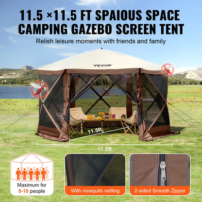 Pop Up Gazebo Tent, Pop-Up Screen Tent 6 Sided Canopy Sun Shelter with 6 Removable Privacy Wind Cloths & Mesh Windows, 11.5x11.5FT Quick Set Screen Tent with Mosquito Netting, Brown