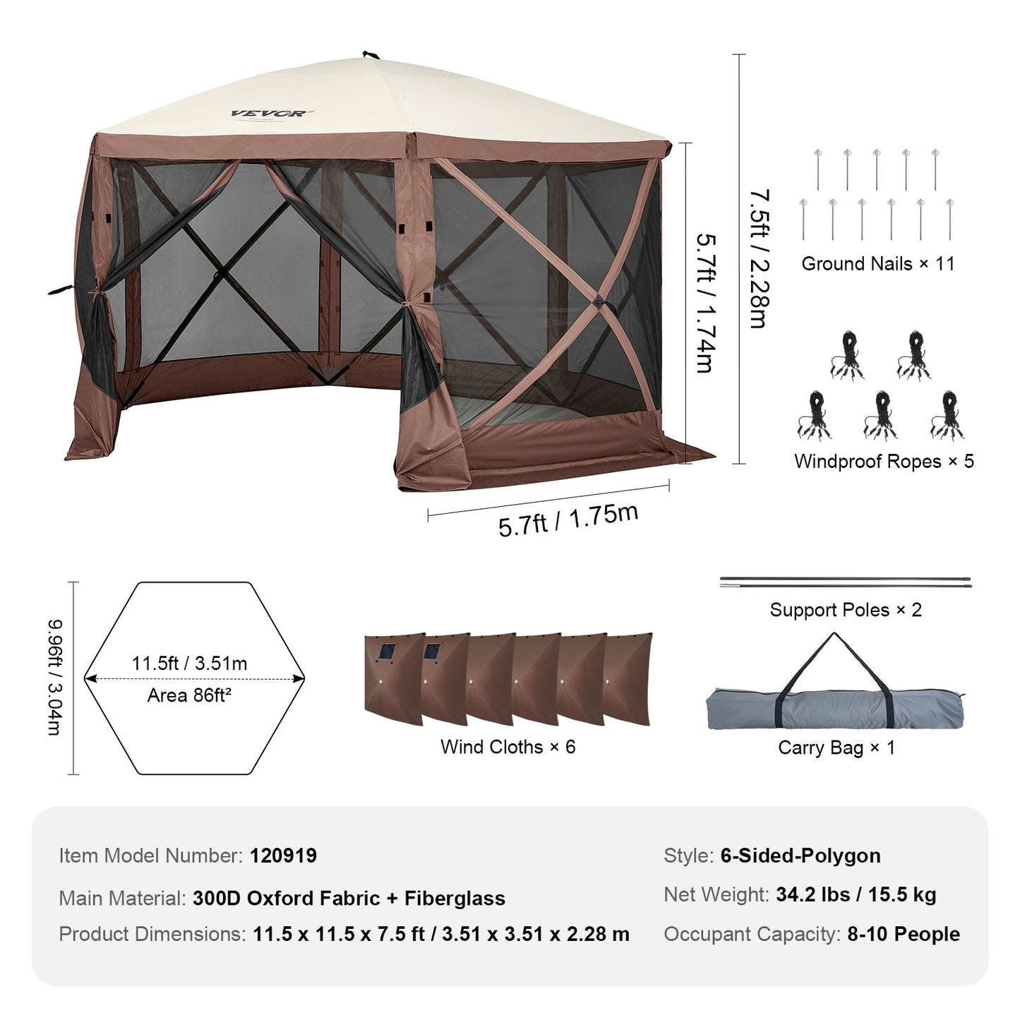 Pop Up Gazebo Tent, Pop-Up Screen Tent 6 Sided Canopy Sun Shelter with 6 Removable Privacy Wind Cloths & Mesh Windows, 11.5x11.5FT Quick Set Screen Tent with Mosquito Netting, Brown