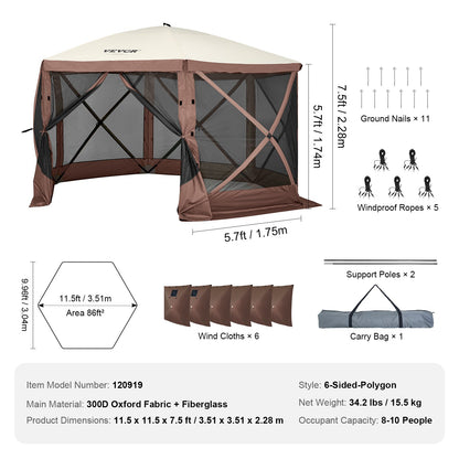 Pop Up Gazebo Tent, Pop-Up Screen Tent 6 Sided Canopy Sun Shelter with 6 Removable Privacy Wind Cloths & Mesh Windows, 11.5x11.5FT Quick Set Screen Tent with Mosquito Netting, Brown