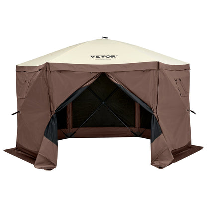 Pop Up Gazebo Tent, Pop-Up Screen Tent 6 Sided Canopy Sun Shelter with 6 Removable Privacy Wind Cloths & Mesh Windows, 11.5x11.5FT Quick Set Screen Tent with Mosquito Netting, Brown