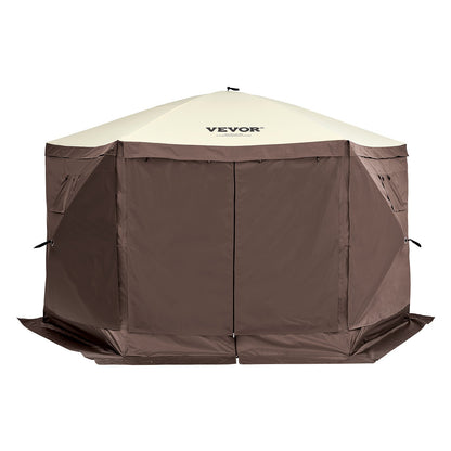 Pop Up Gazebo Tent, Pop-Up Screen Tent 6 Sided Canopy Sun Shelter with 6 Removable Privacy Wind Cloths & Mesh Windows, 11.5x11.5FT Quick Set Screen Tent with Mosquito Netting, Brown
