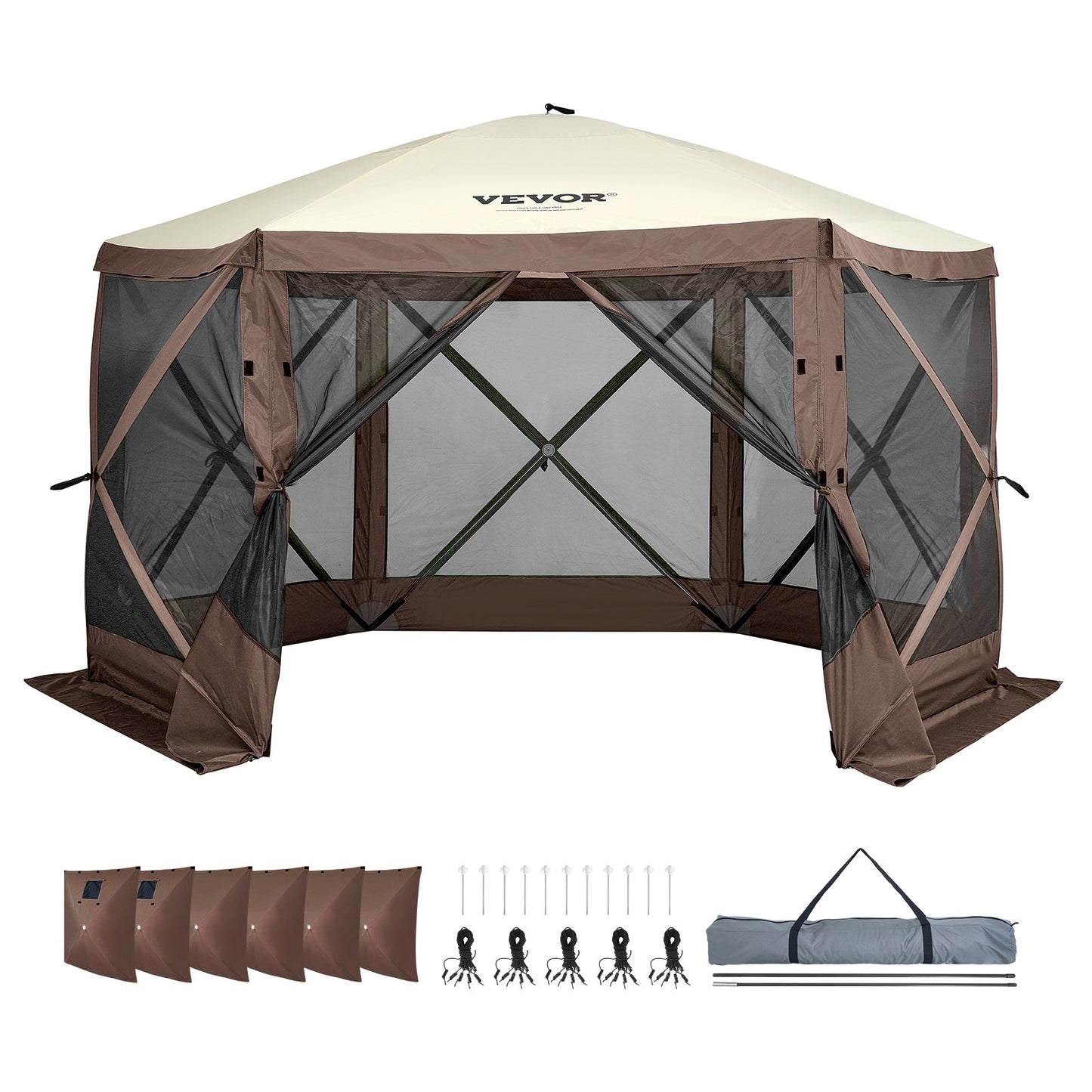 Pop Up Gazebo Tent, Pop-Up Screen Tent 6 Sided Canopy Sun Shelter with 6 Removable Privacy Wind Cloths & Mesh Windows, 11.5x11.5FT Quick Set Screen Tent with Mosquito Netting, Brown