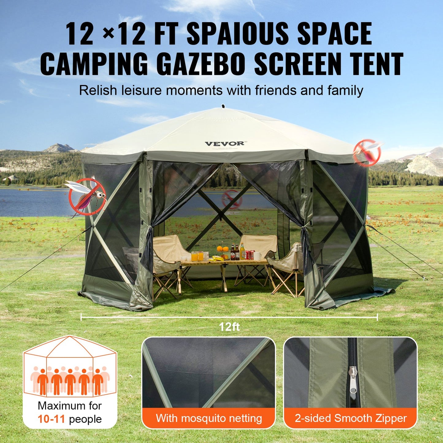 Pop Up Gazebo Tent, Pop-Up Screen Tent 6 Sided Canopy Sun Shelter with 6 Removable Privacy Wind Cloths & Mesh Windows, 12x12FT Quick Set Screen Tent with Mosquito Netting, Army Green