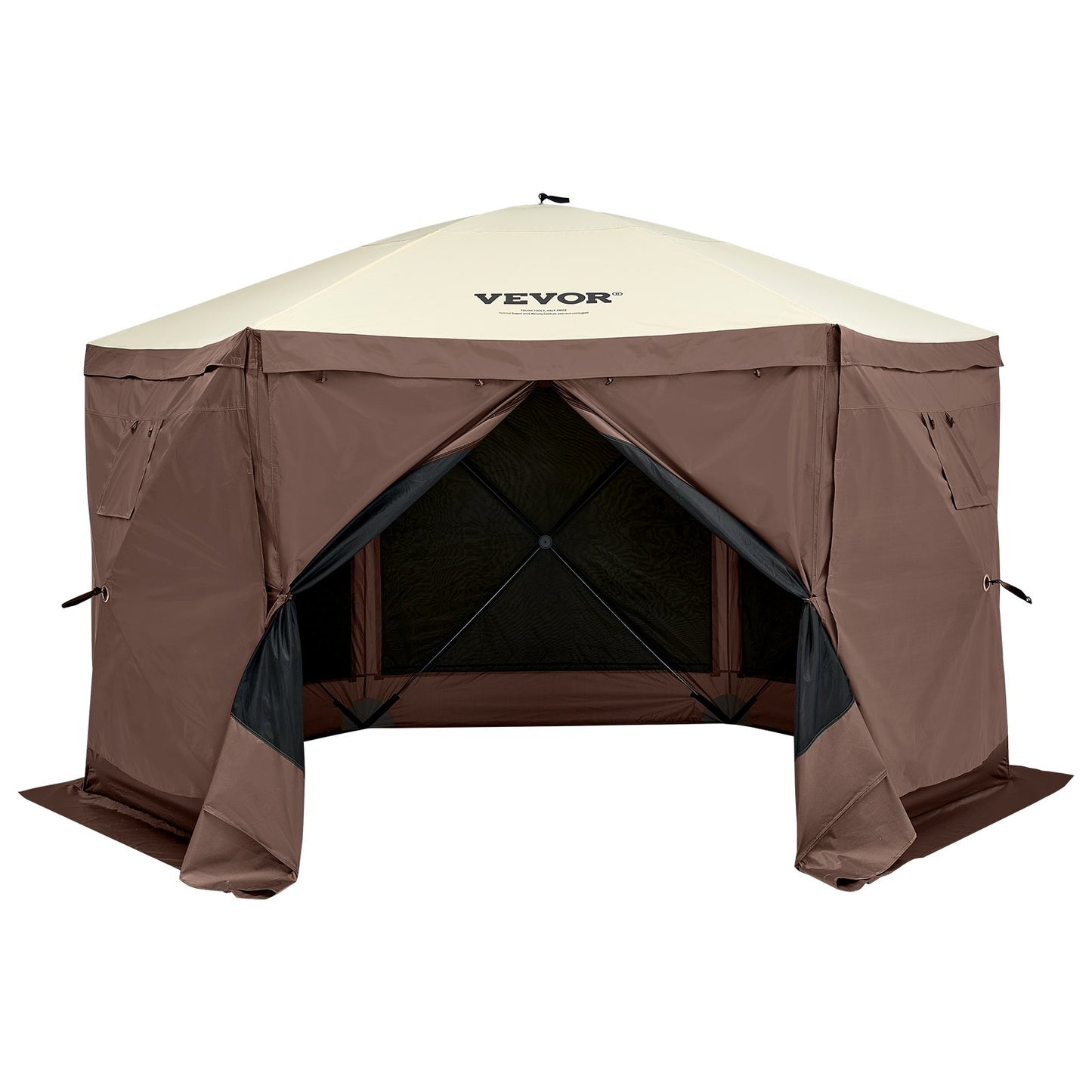 Pop Up Gazebo Tent, Pop-Up Screen Tent 6 Sided Canopy Sun Shelter with 6 Removable Privacy Wind Cloths & Mesh Windows, 12.5x12.5FT Quick Set Screen Tent with Mosquito Netting, Brown