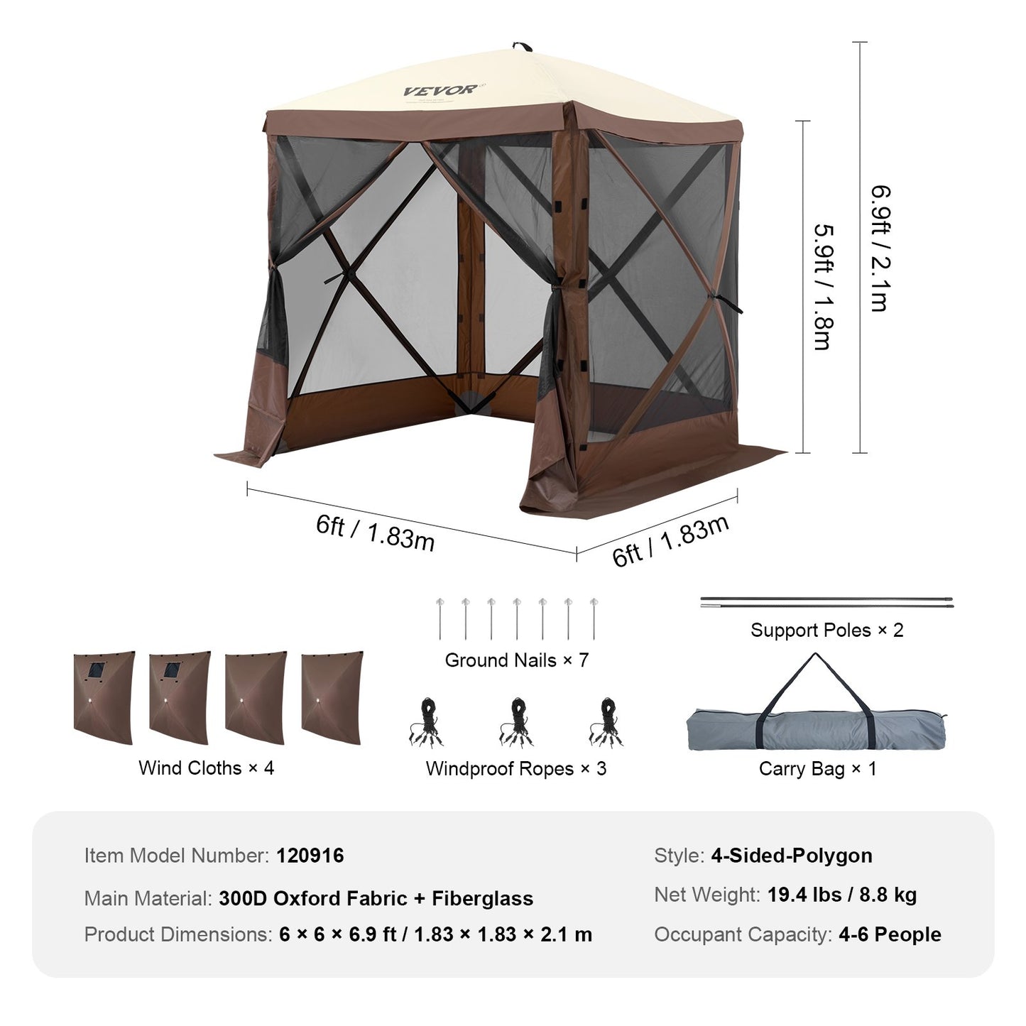 Pop Up Gazebo Tent, Pop-Up Screen Tent 4 Sided Canopy Sun Shelter with 4 Removable Privacy Wind Cloths & Mesh Windows, 6x6FT Quick Set Screen Tent with Mosquito Netting, Brown