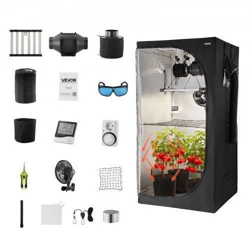 Indoor Grow Tent Kit, 100 x 100 x 200 cm, Indoor Plant Tent with Full Spectrum LED Grow Light & Ventilation System, 600D High Reflective Mylar, Growing Tents for Flower Veggie