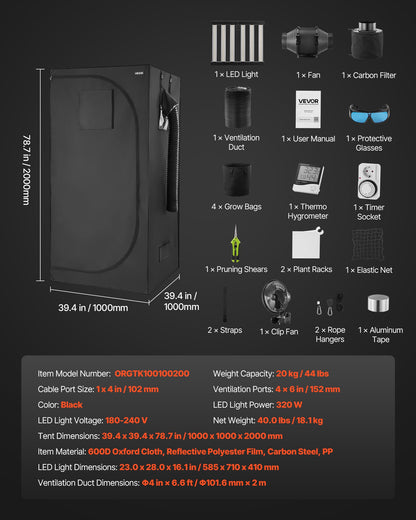 Indoor Grow Tent Kit, 100 x 100 x 200 cm, Indoor Plant Tent with Full Spectrum LED Grow Light & Ventilation System, 600D High Reflective Mylar, Growing Tents for Flower Veggie