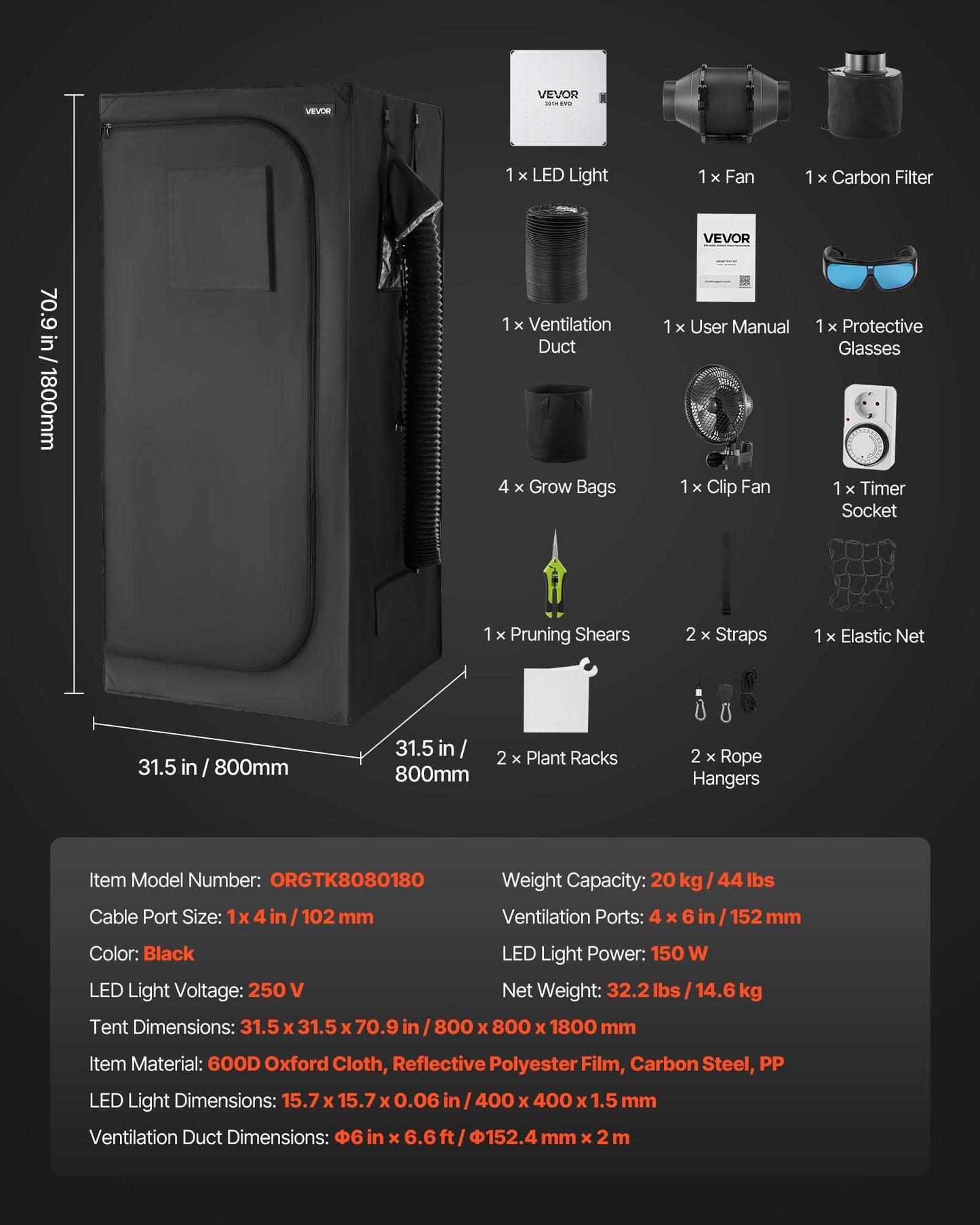 Indoor Grow Tent Kit, 80 x 80 x 180 cm, Indoor Plant Tent with Full Spectrum LED Grow Light & Ventilation System, 600D High Reflective Mylar, Growing Tents for Flower Veggie