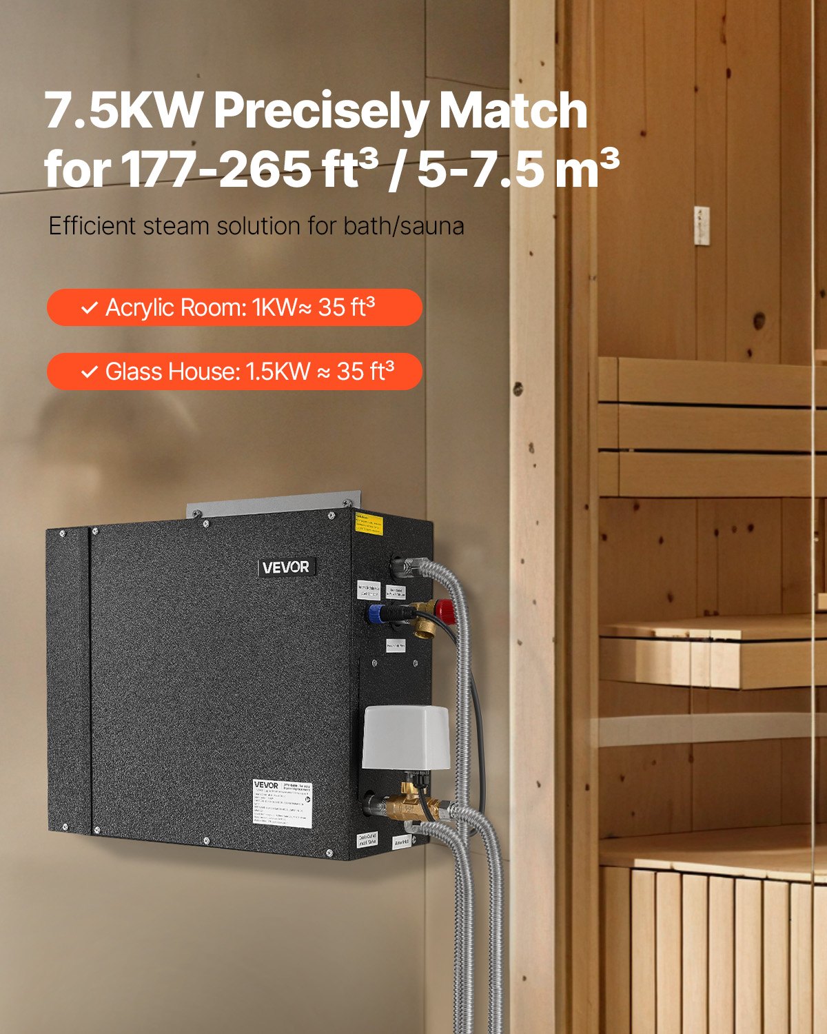 Steam Generator, 7.5 kW Steam Shower System with Controller for Home Sauna Bath Spa, Commercial Auto Drain Kit with Overheat, Dry-Run & Overpressure Protection, 10 Min to 24h Efficient, Black