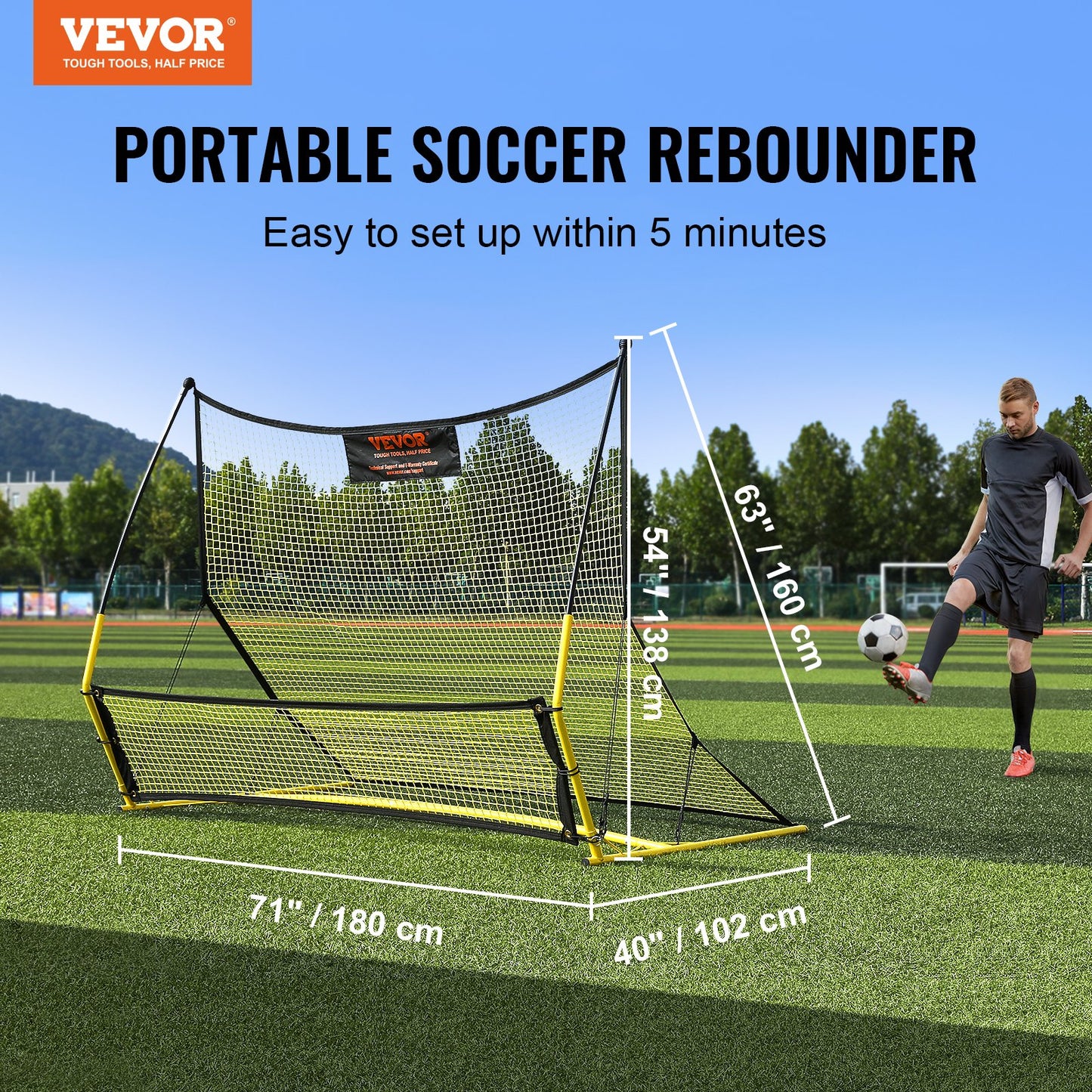 Soccer Trainer, 2-IN-1 Portable Soccer Rebounder Net, 182.9 x129.5 cm Iron Soccer Practice Equipment, Sports Football Rebounder Wall with Portable Bag, Perfect for Team Solo Training, Passing, Volley