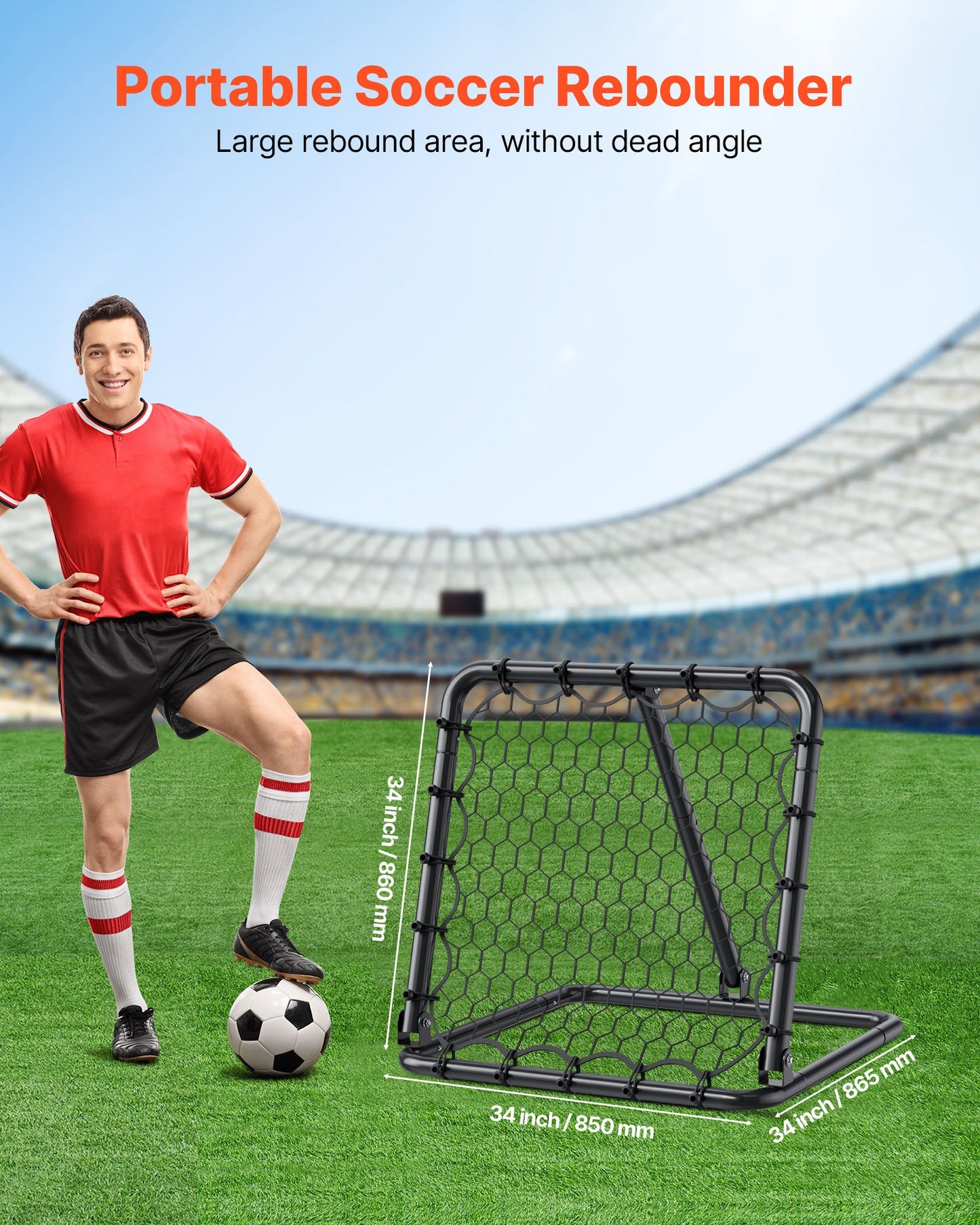 Soccer Rebounder Rebound Net, Kick-Back 34"x34", Portable Football Training Gifts, Fully Adjustable Angles Goal Net, Aids & Equipment for Kids Teens & All Ages, Easy Set Up & Perfect Storage