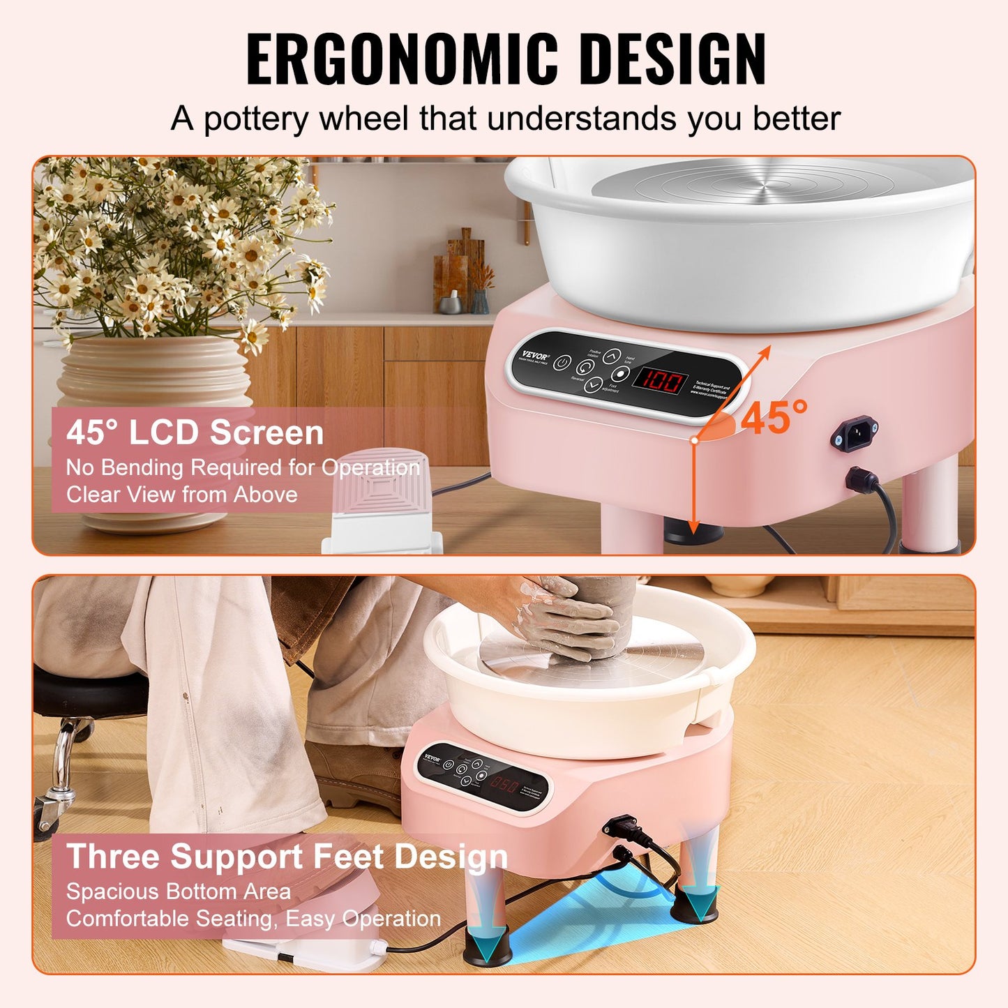 Pottery Wheel, 10 inch Pottery Forming Machine, 350W Electric Wheel for Pottery with Foot Pedal and LCD Touch Screen, Direct Drive Ceramic Wheel with 3 Support Legs for DIY Art Craft, Pink