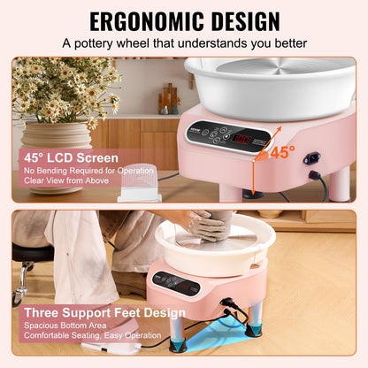 Pottery Wheel, 10 inch Pottery Forming Machine, 350W Electric Wheel for Pottery with Foot Pedal and LCD Touch Screen, Direct Drive Ceramic Wheel with 3 Support Legs for DIY Art Craft, Pink