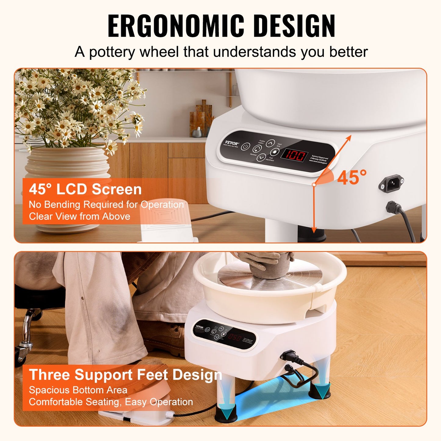 Töpferscheibe 27,9 cm, Keramikscheibe, Fußpedal, Touchscreen, 450 W, 3 Beine, Weiß