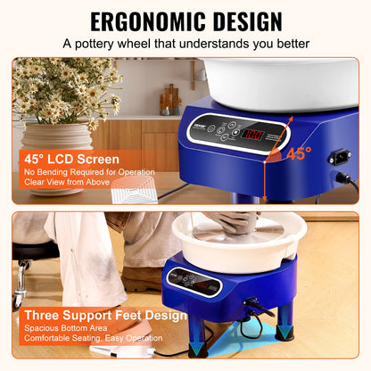 Pottery Wheel 27.9 cm Ceramic Wheel Foot Pedal Touch Screen 450W 3 Legs Blue
