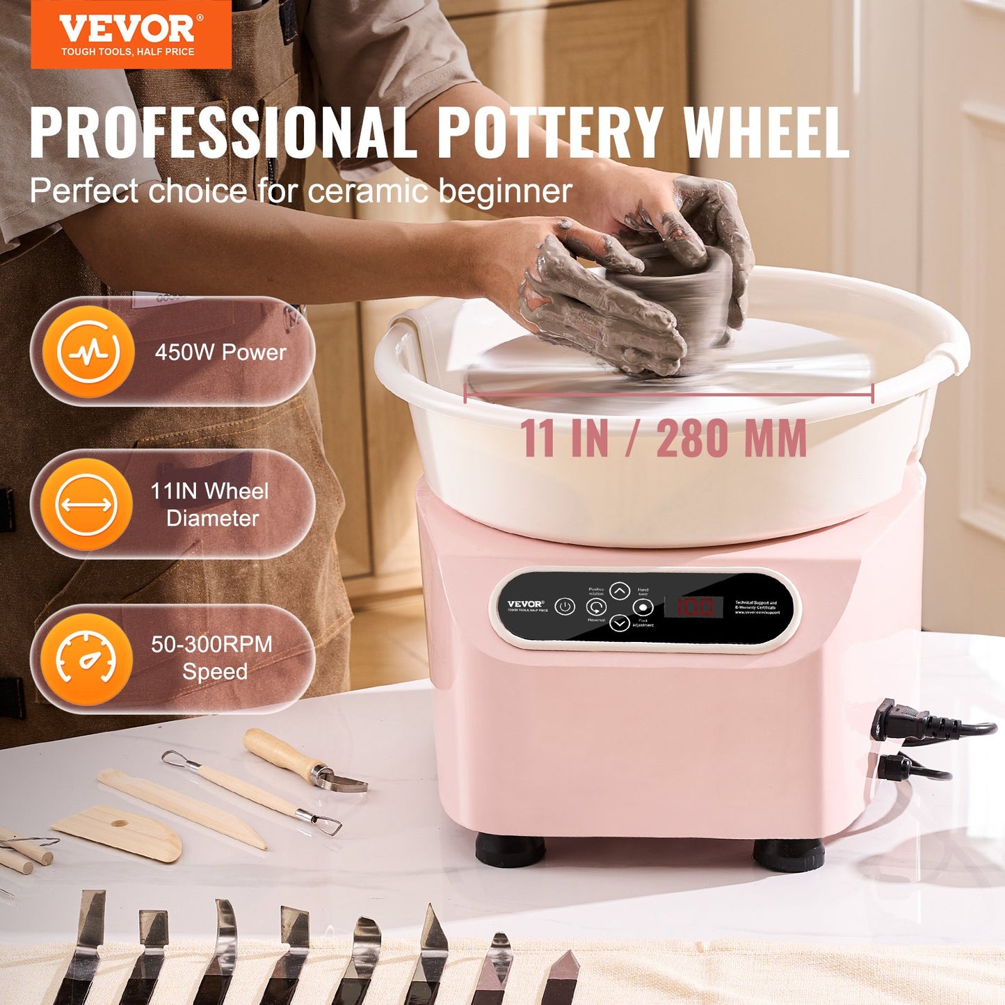 Pottery Wheel 11in/27.9 cm Ceramic Wheel Foot Pedal Touch Screen Apron 450W Pink