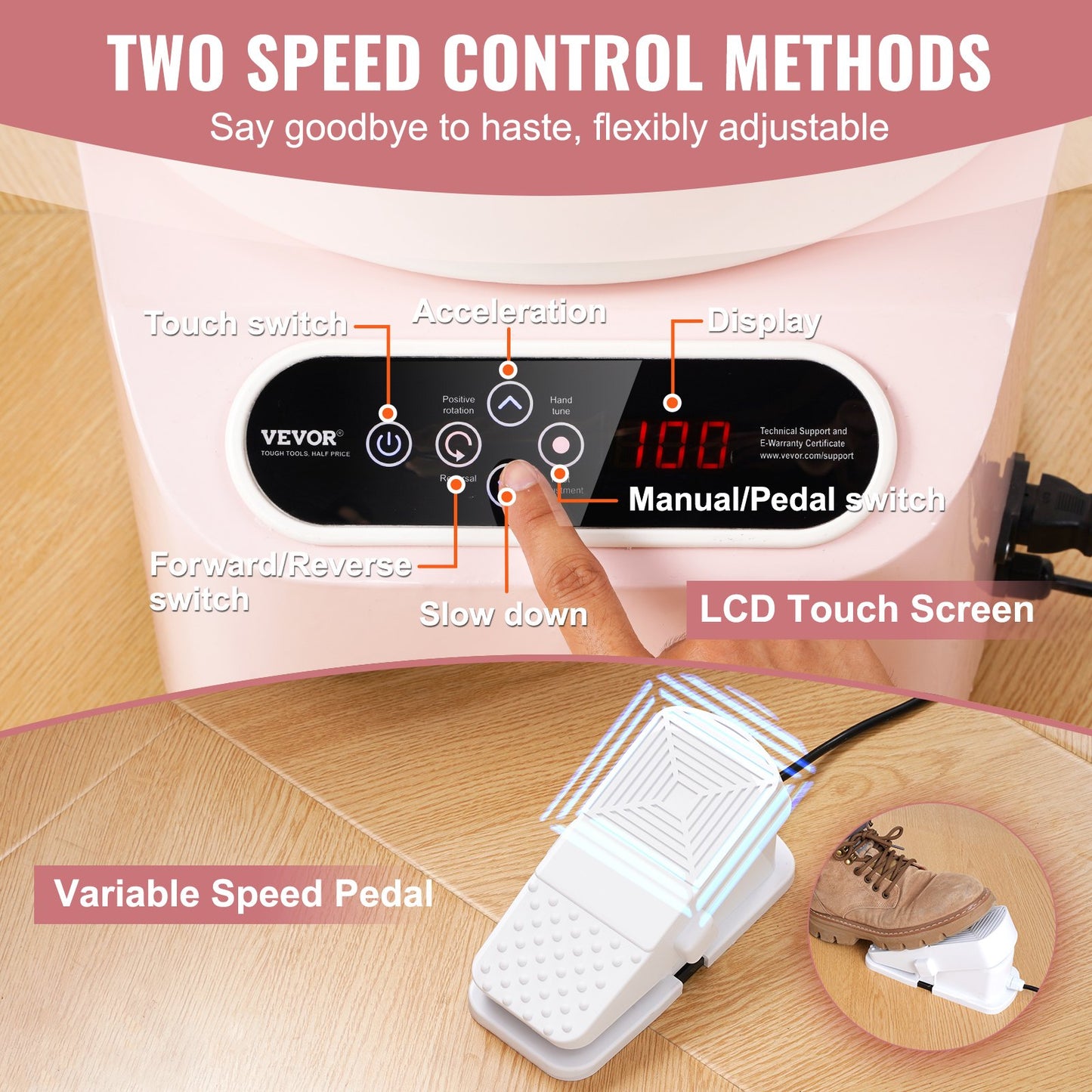 Pottery Wheel 11in/27.9 cm Ceramic Wheel Foot Pedal Touch Screen Apron 450W Pink