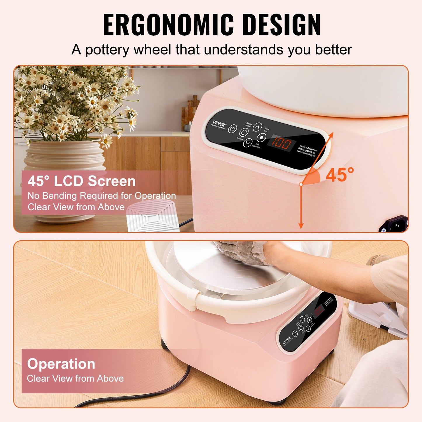 Pottery Wheel 11in/27.9 cm Ceramic Wheel Foot Pedal Touch Screen Apron 450W Pink