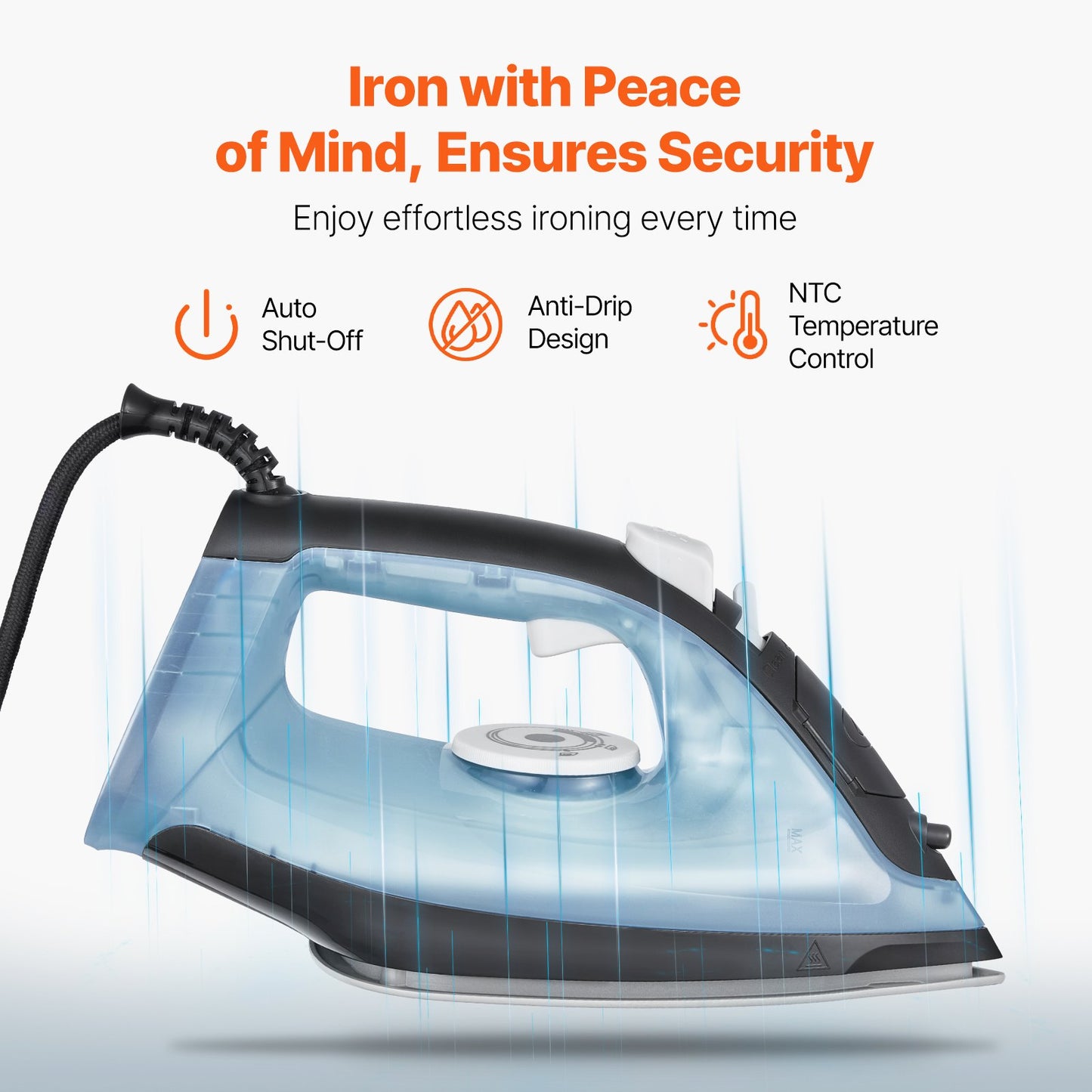 Steam Iron, 1600W Iron for Clothes, Aluminum Alloy + PTFE Soleplate, Auto Shut-Off, Self-Cleaning, Four Temperature Settings, Quick Heating, Anti-Drip, Clothing Iron for Home Ironing Clothes