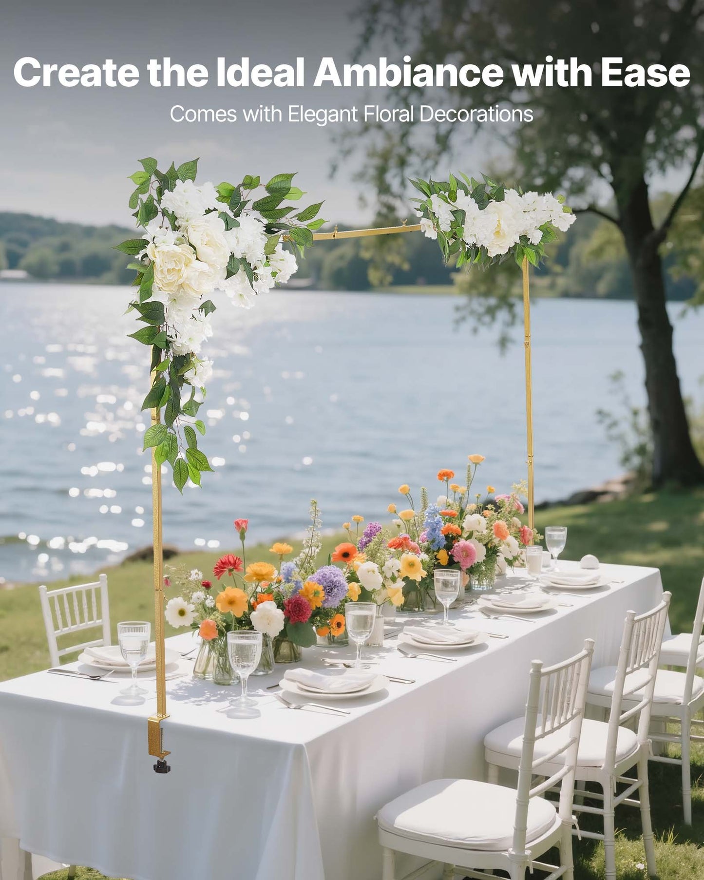 Tischständer mit Klemmen, verstellbar von 71–249 cm Länge und 33–106 cm Höhe, Tischbogenständer mit floralem Dekor, goldener Ballonrahmen für Hochzeiten, Geburtstage, Partys und Weihnachtsdekoration