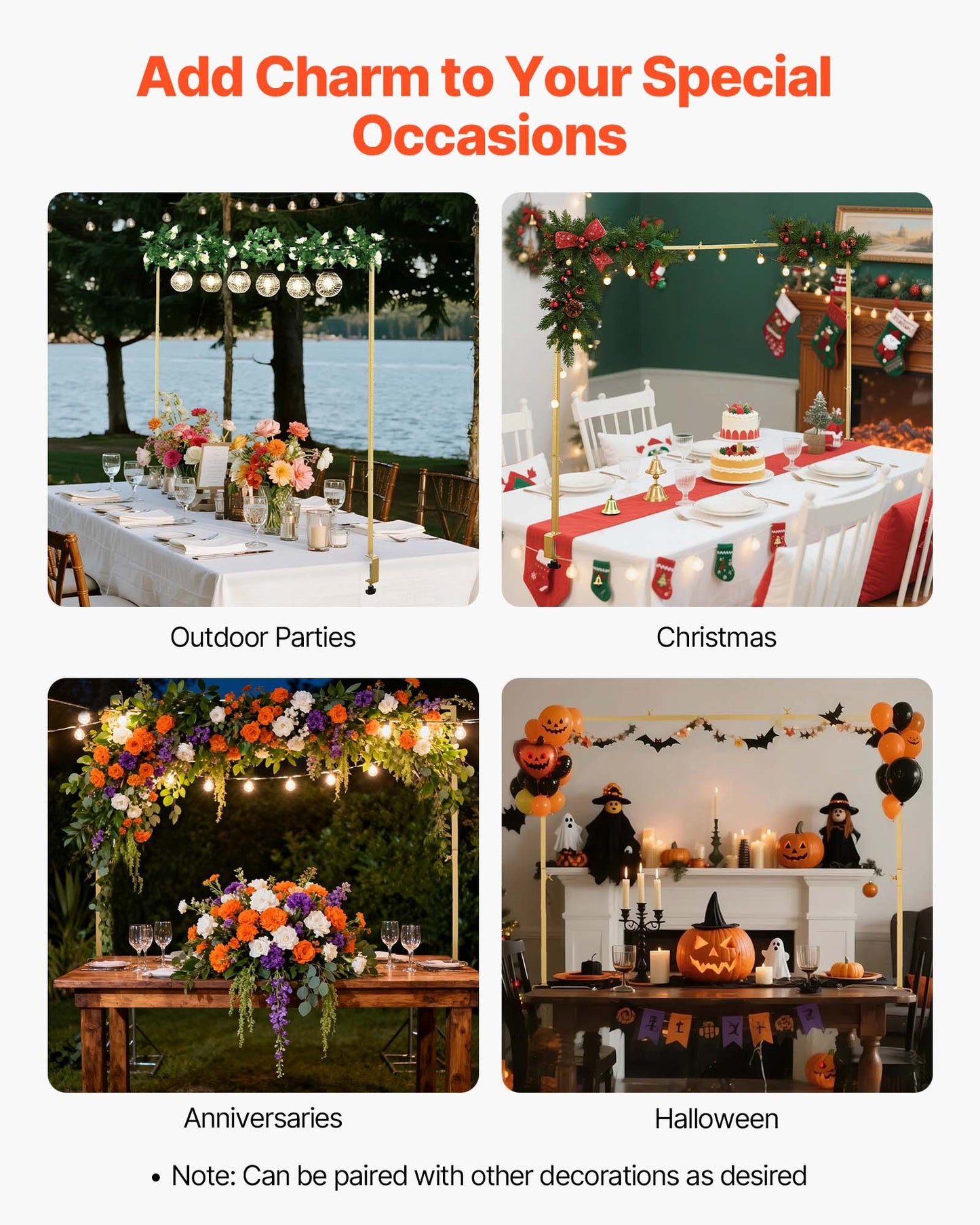 Tischständer mit Klemmen, verstellbar von 71–249 cm Länge und 33–106 cm Höhe, Tischbogenständer mit floralem Dekor, goldener Ballonrahmen für Hochzeiten, Geburtstage, Partys und Weihnachtsdekoration