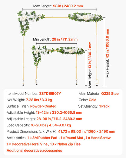 Tischständer mit Klemmen, verstellbar von 71–249 cm Länge und 33–106 cm Höhe, Tischbogenständer mit floralem Dekor, goldener Ballonrahmen für Hochzeiten, Geburtstage, Partys und Weihnachtsdekoration