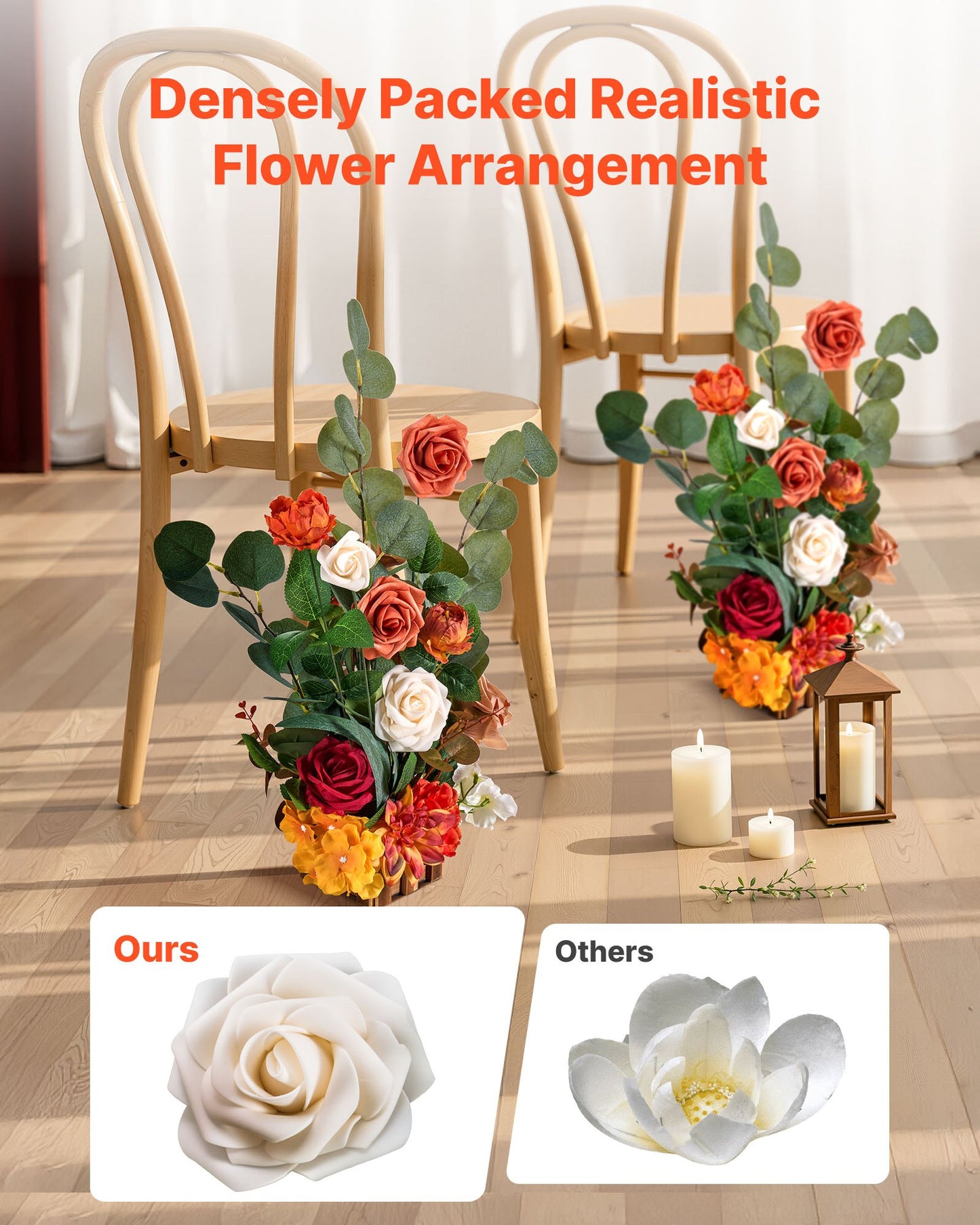 Standing Artificial Flowers Arrangements 4 PCS, 450 mm Tall Faux Flower Decorations for Wedding Aisle Runner Chair, Orange Floral Centerpieces for Ceremony Reception Party Outdoor Decor