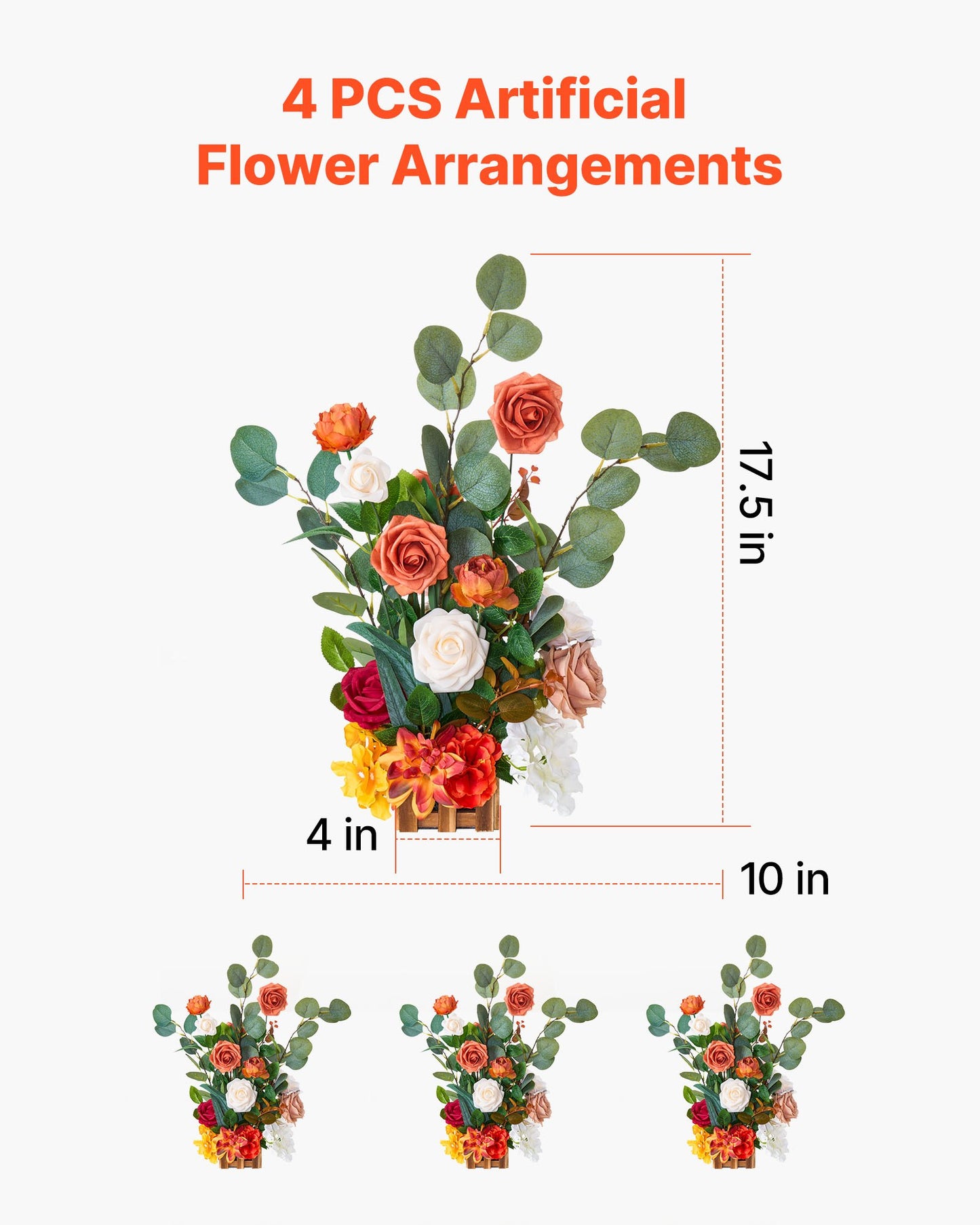 Standing Artificial Flowers Arrangements 4 PCS, 450 mm Tall Faux Flower Decorations for Wedding Aisle Runner Chair, Orange Floral Centerpieces for Ceremony Reception Party Outdoor Decor
