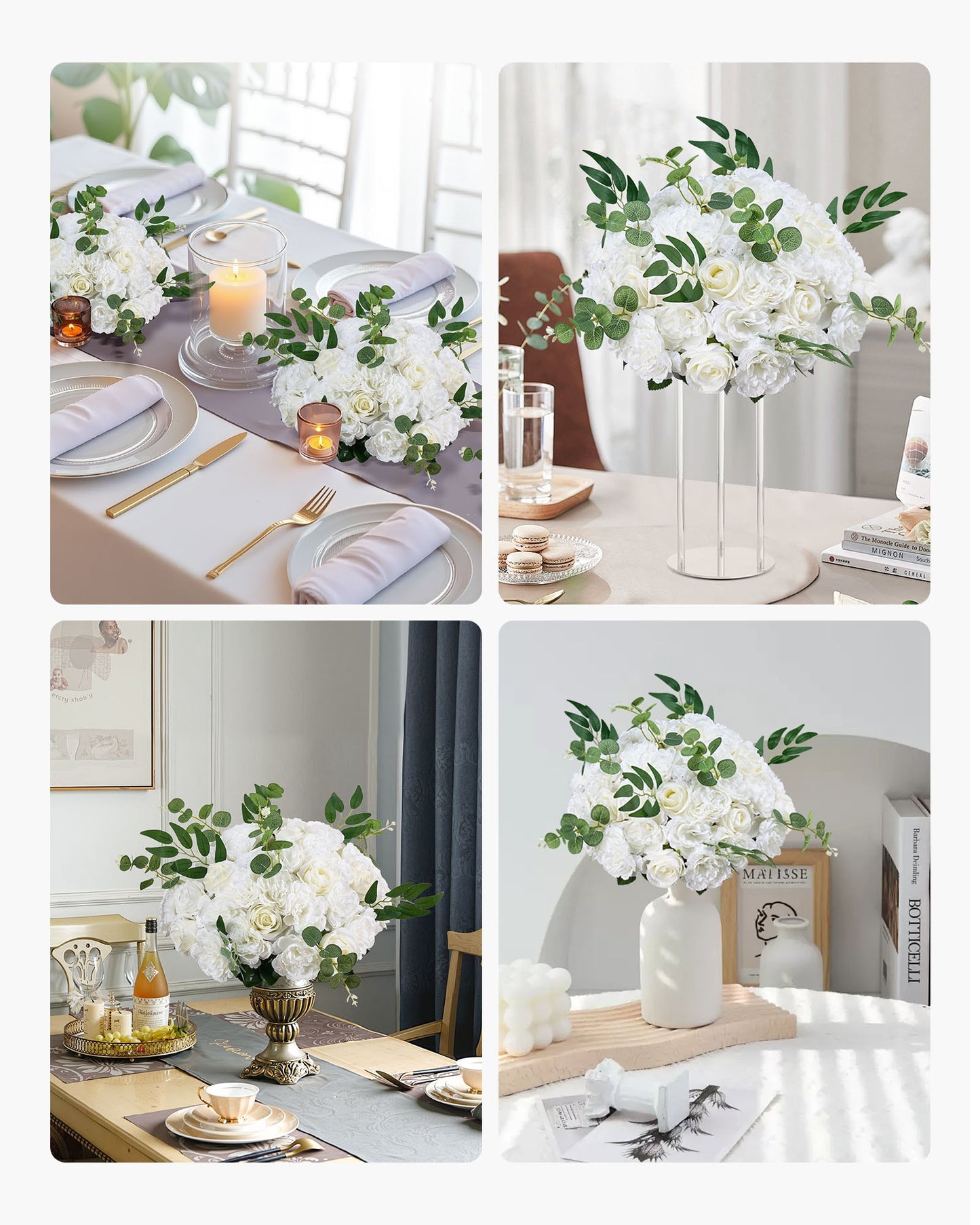 Blumenkugel-Arrangement, 10 Stück, 450 mm Durchmesser, künstliche Blumenkugeln, weiße Rosen, Tischdekoration für Hochzeiten, künstliche Blumenarrangements für Tischdekorationen zu Hause