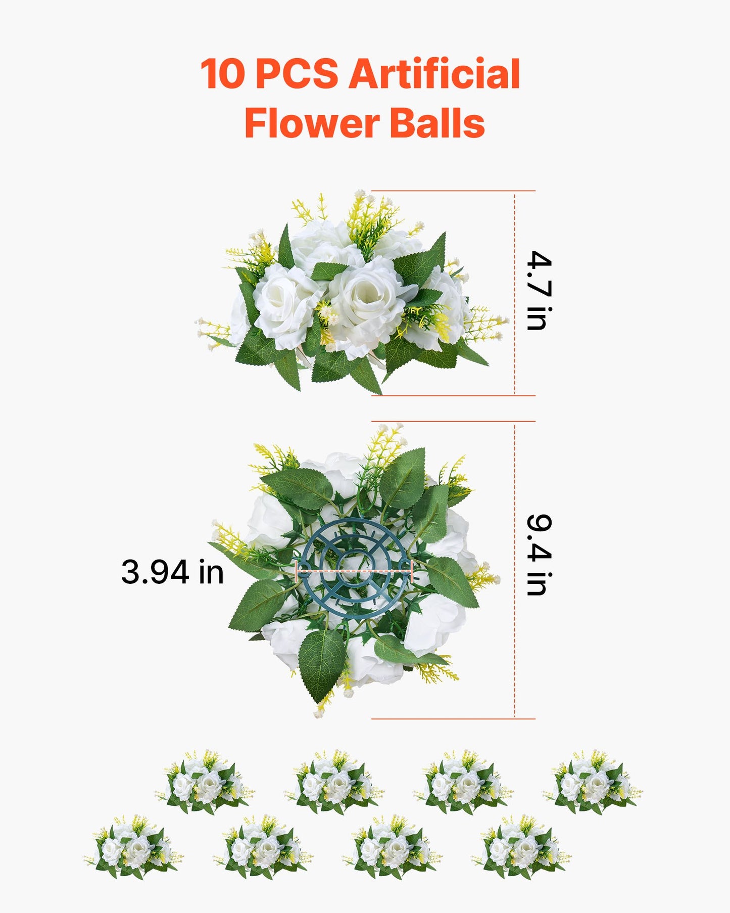 Flower Balls Arrangement Bouquet 10 PCS, 240 mm Diameter Artificial Flower Balls Wedding Rose Centerpieces, Faux Flowers Arrangements for Wedding Centerpiece Home Table Decorations, White