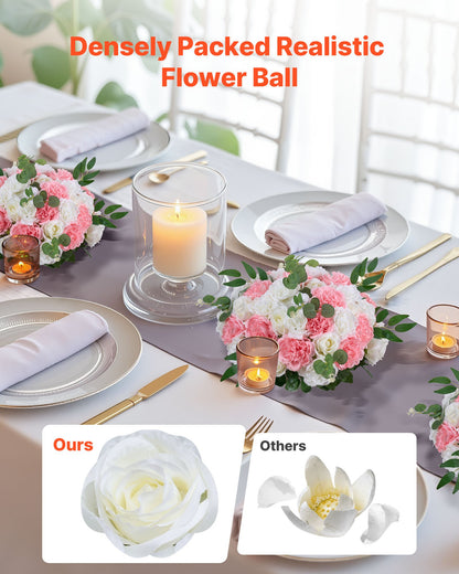 Flower Ball Arrangement Bouquet 10 PCS, 450 mm Diameter Artificial Flower Balls Wedding Table Centerpieces, Rose Arrangements for Wedding Centerpiece Home Decorations, Pink and White Roses