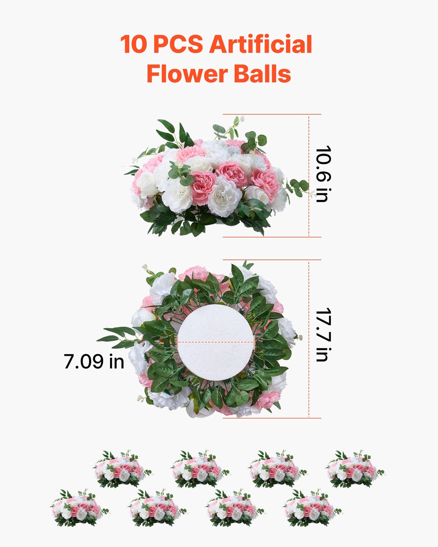 Flower Ball Arrangement Bouquet 10 PCS, 450 mm Diameter Artificial Flower Balls Wedding Table Centerpieces, Rose Arrangements for Wedding Centerpiece Home Decorations, Pink and White Roses
