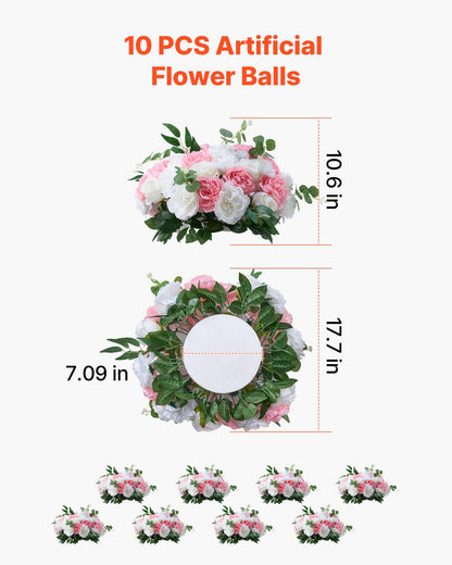 Flower Ball Arrangement Bouquet 10 PCS, 450 mm Diameter Artificial Flower Balls Wedding Table Centerpieces, Rose Arrangements for Wedding Centerpiece Home Decorations, Pink and White Roses