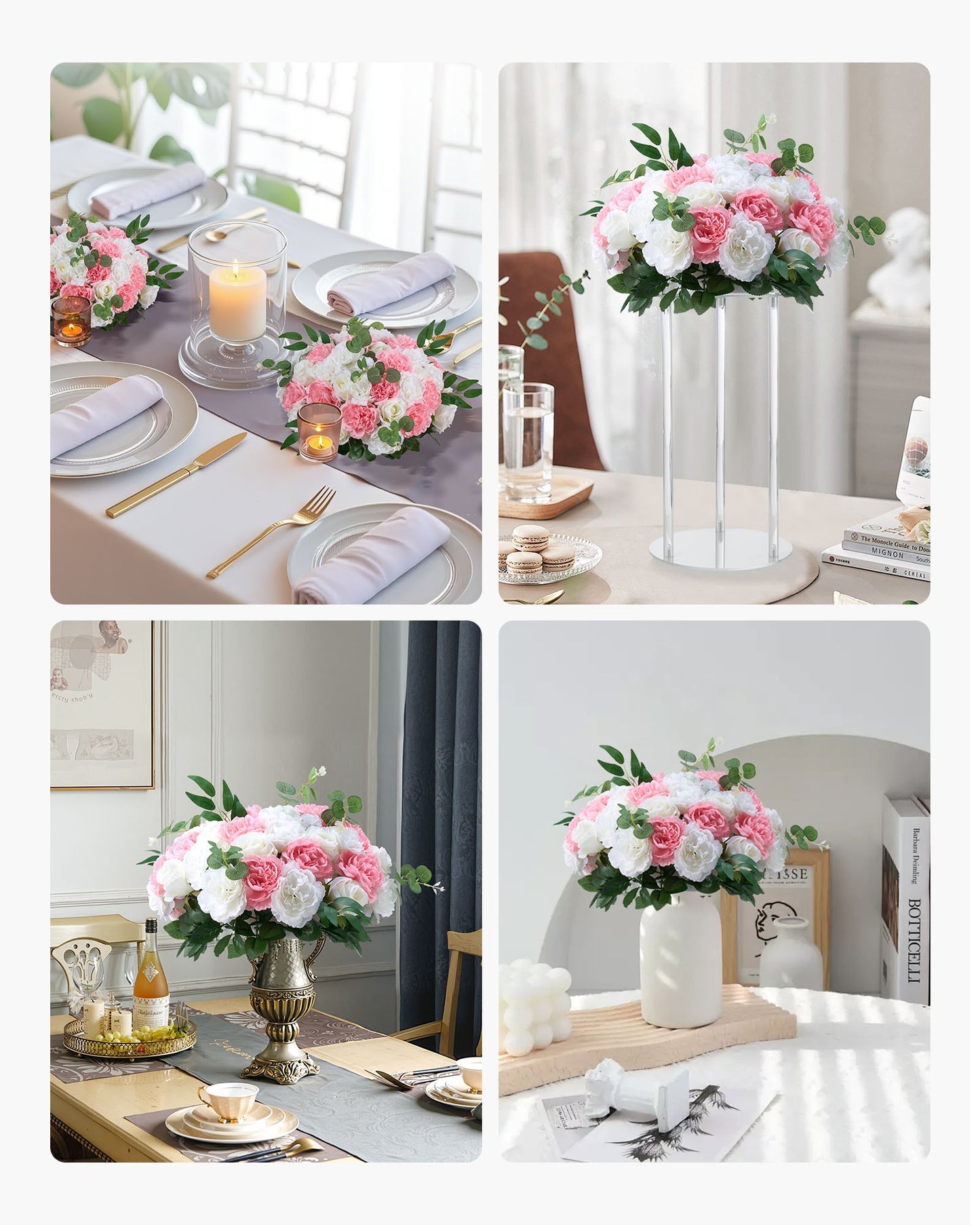 Flower Ball Arrangement Bouquet 10 PCS, 450 mm Diameter Artificial Flower Balls Wedding Table Centerpieces, Rose Arrangements for Wedding Centerpiece Home Decorations, Pink and White Roses