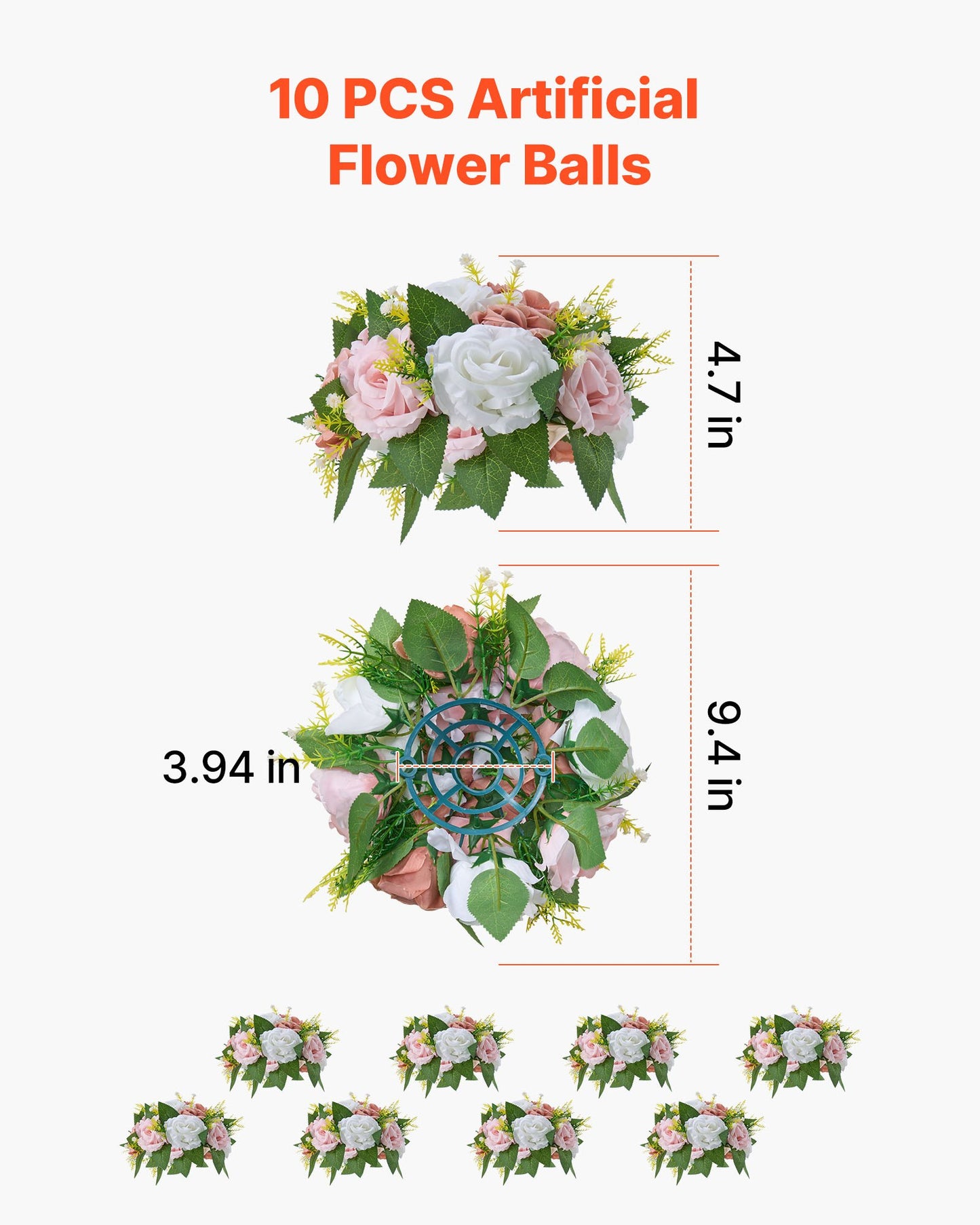 Blumenkugel-Arrangement, 10 Stück, 240 mm Durchmesser, künstliche Blumenkugeln, Tischdekoration für Hochzeiten, künstliche Rosenarrangements für Hochzeitsdekorationen, Heimdekoration, rosa und weiße Rosen